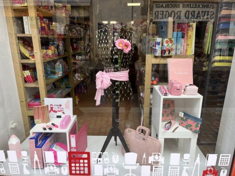 MAXI FOLIO à CRAPONNE SUR ARZON vitrine dédiée à la lutte contre le cancer du sein - OCTOBRE ROSE